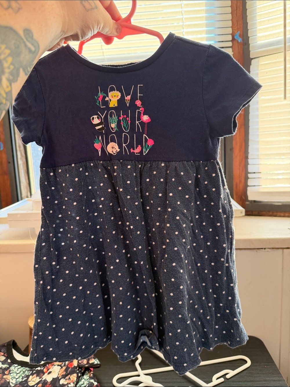 Girls Navy Short-Sleeve Polka Dot Dress with 'Love Your World' Embroidery
